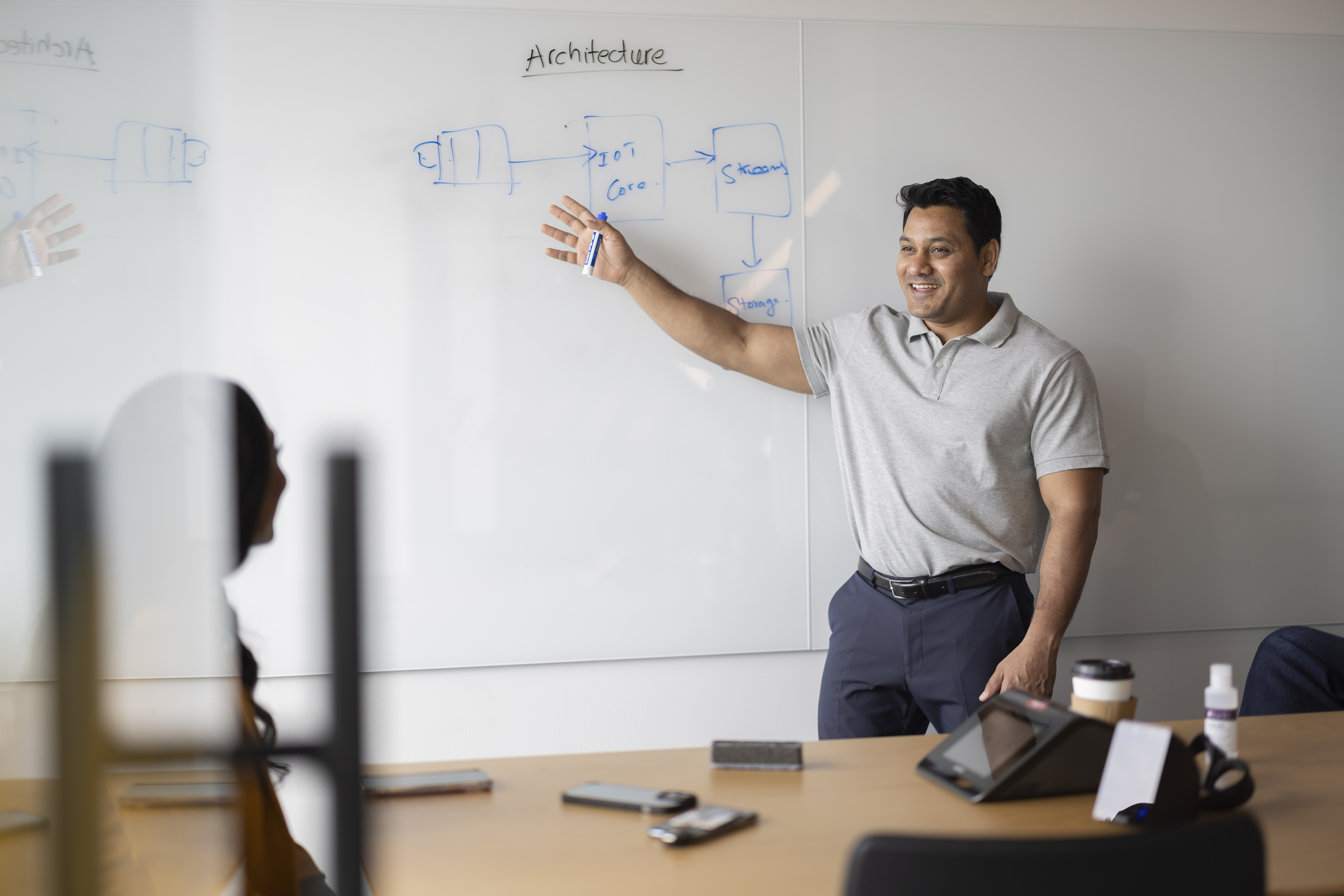 a person standing in front of a whiteboard