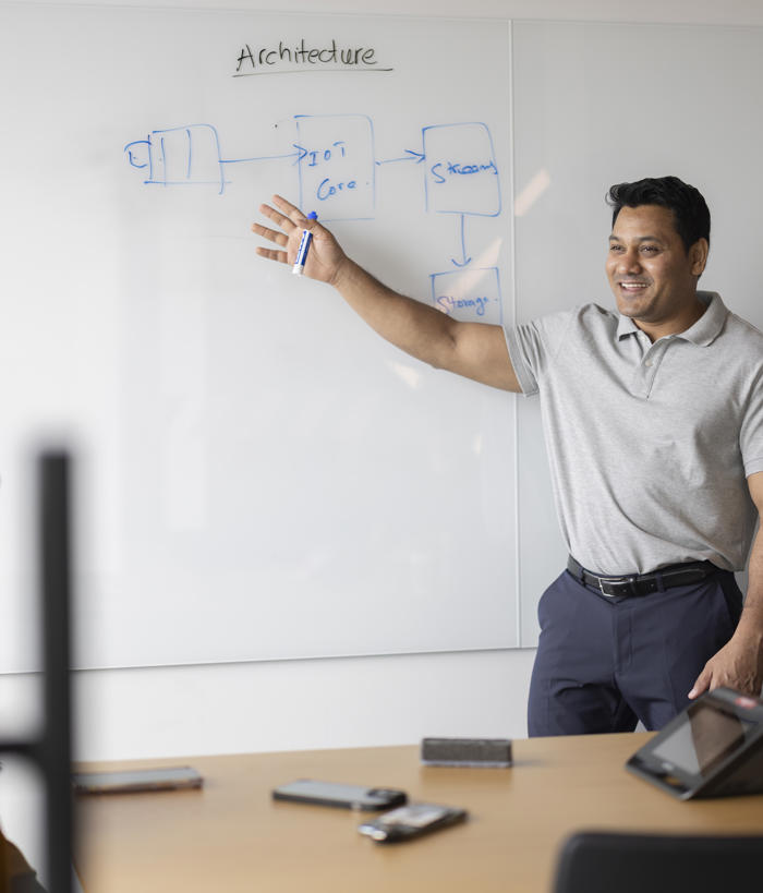 a person standing in front of a whiteboard